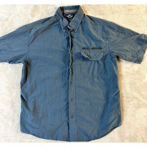 Harley-Davidson Mens Button Down Shirt Blue Pinstripe Short Sleeve Flap Pocket L